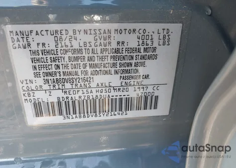 2025 Nissan Sentra Sr z USA, uszkodzony, nr VIN 3N1AB8DV8SY216421